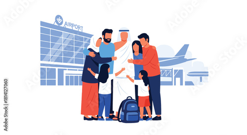 Heartwarming scene of family saying farewell to pilgrim before Hajj journey. Ideal for spiritual travel themes, Islamic family illustrations, and religious storytelling