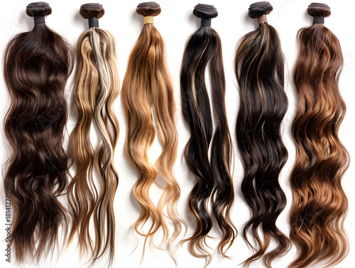 Wavy hair extension bundles in assorted natural colors neatly arranged, highlighting curl pattern and smooth shine