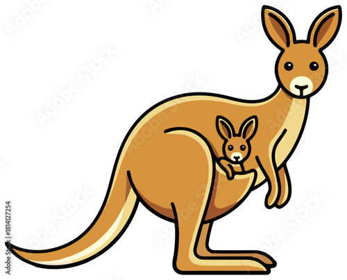 Cute Cartoon Kangaroo with Baby in Pouch – Adorable Joey and Mother Kangaroo Vector Illustration, Australian Wildlife Clipart, Animal Icons, and Children’s Character Design, 