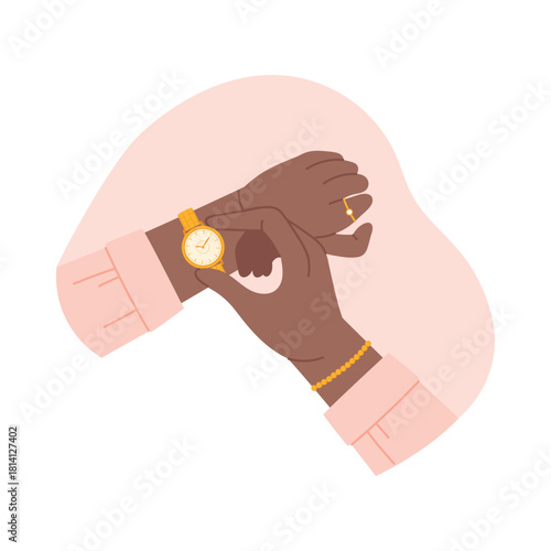 Female hands with expensive gold wristwatches, girl looking at time vector illustration