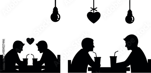 Silhouette couple drinking together in romantic cafe with hanging light bulbs and heart decoration vector illustration