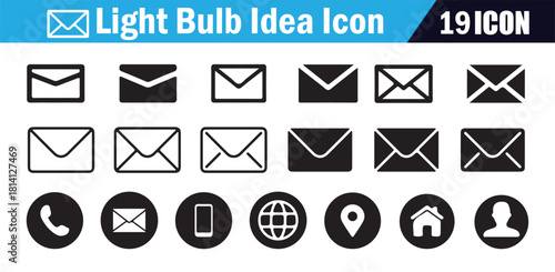 Set of black and white email icons, phone, global, home, and profile symbols on white background