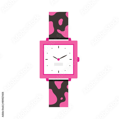 Stylish mechanical wristwatch with leopard pattern on pink and black leather strap vector illustration