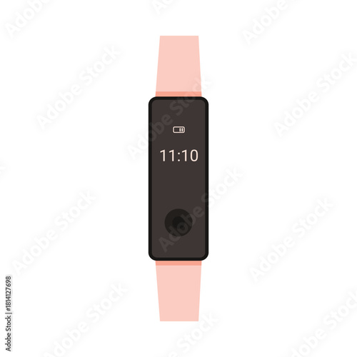 Smart wristwatch with narrow black rectangular display and pink bracelet vector illustration