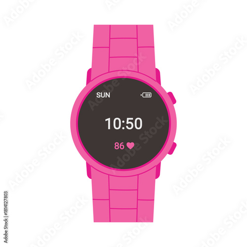Digital pink female wrist watch with round screen and metal bracelet vector illustration