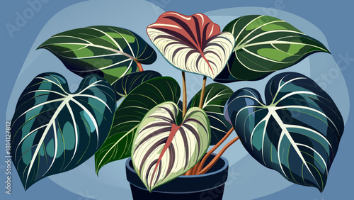Very beautiful Anthurium clarinervium with dark, heart-shaped leaves featuring striking white veins, showcasing its dramatic tropical foliage as an elegant indoor plant.White background
