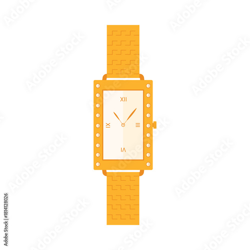 Expensive wristwatch with gold bracelet, rectangular dial with Roman numerals and hands vector illustration