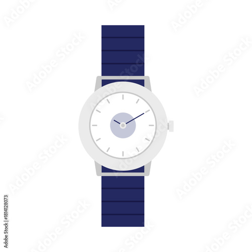 Mechanical wristwatch with chrome dial circle, hands and blue bracelet vector illustration