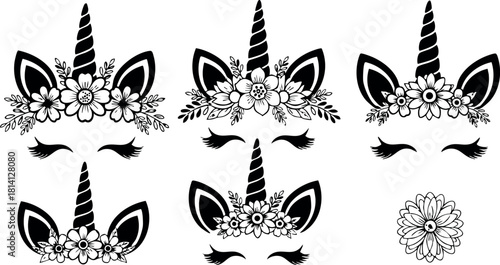 Cute unicorn faces with floral crowns and closed eyes vector illustration magical fantasy design for decoration and crafts