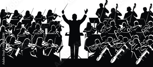 Orchestra silhouette vector with conductor and classical musicians performing on stage, ideal for music, concert, harmony, and artistic themes