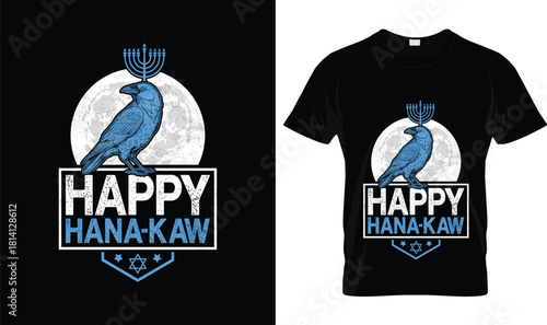 Funny “Happy Hana-Kaw” Hanukkah T-Shirt – Raven Pun Jewish Holiday Menorah Tee