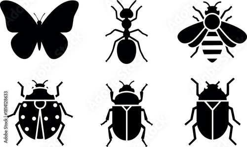Insect silhouettes black butterfly ant bee ladybug beetle vector illustration