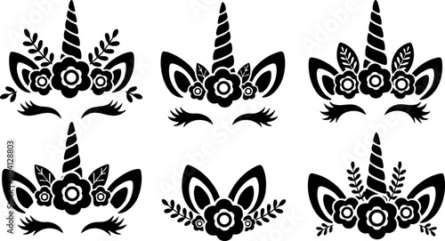 Unicorn horn flower crown eyelashes set black silhouette magical fantasy design elements vector illustration