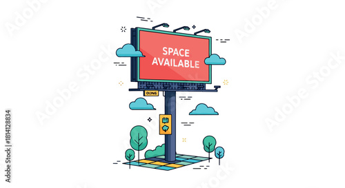 A billboard sign displaying 'Space Available' amidst clouds and trees in a graphic illustration
