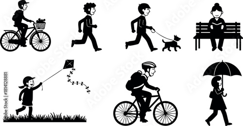 People walking cycling playing with dog and kite sitting on bench vector illustration
