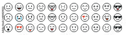 Pixel emoji face icon set with various expressions in retro comic style on transparent background.