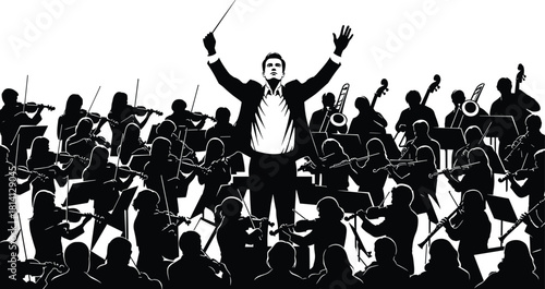 Orchestra silhouette vector with conductor and musicians performing classical instruments, ideal for music, concert, harmony, and artistic design themes