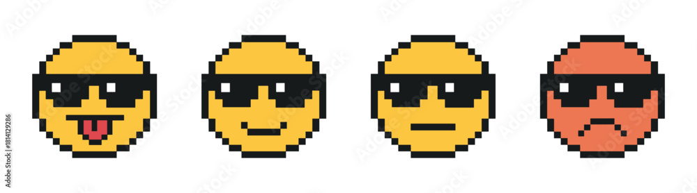 Obraz premium Pixel sunglasses emoji set with different emotions in retro style on transparent background.