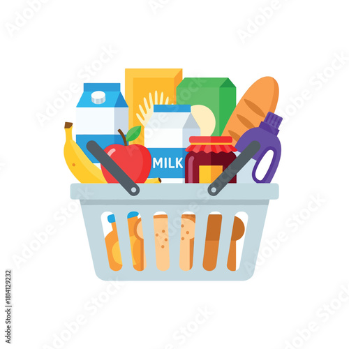 A shopping basket filled with various food items and household essentials viewed from the front.