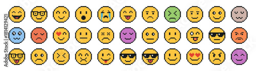 Big pixel emoji face collection with cartoon expressions in retro video game style on transparent background.