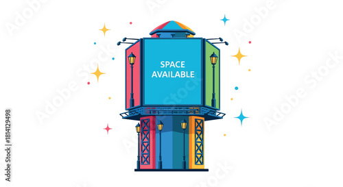 A vibrant, stylized illustration of a space station with available space, surrounded by stars, viewed from the front.