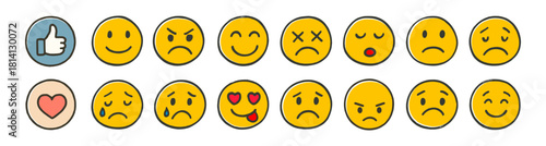 Emoji emoticon reaction faces collection on transparent background