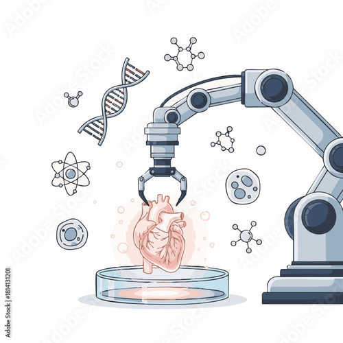 Robotic arm operating a 3D bioprinter creating a glowing organ in a Petri dish, surrounded by DNA and cell icons, futuristic flat vector illustration on white representing regeneration and biotech inn