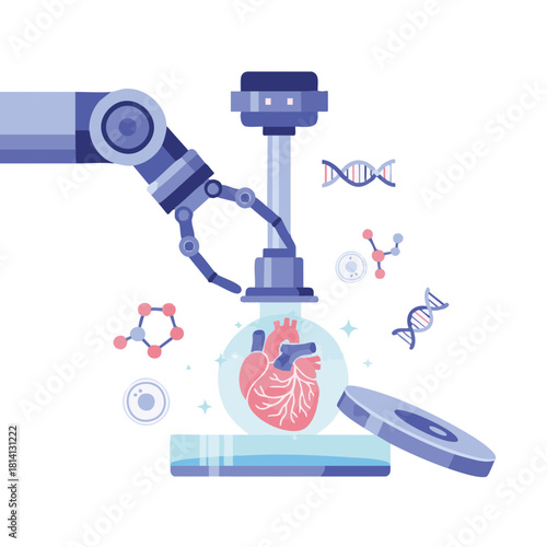 Robotic arm operating a 3D bioprinter creating a glowing organ in a Petri dish, surrounded by DNA and cell icons, futuristic flat vector illustration on white representing regeneration and biotech inn