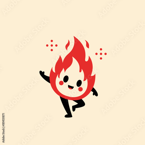 Cartoon Flame Character with Cheeks and Sparkling Dots Dancing Joyfully