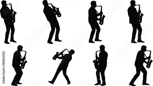 Saxophone Player Silhouette Vector Set, Male Musician in Dynamic Poses, Black Jazz Band Graphic for Music, Concert, Live Performance, and Blues Club Design