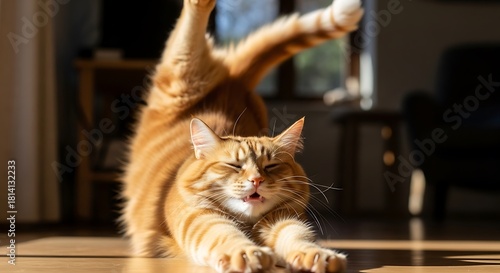 Orange Tabby Cat Stretching Playfully in Sunlight Indoors.