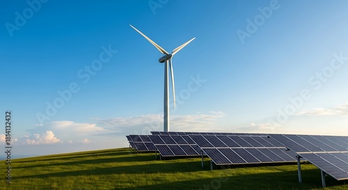 Renewable energy farm with wind turbine and solar panels on a green hill.