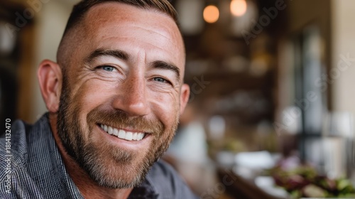 A smiling man with a beard sits at a restaurant table. He looks at the camera with a positive expression during lunchtime