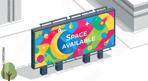 Isometric illustration of a billboard with the words 'SPACE AVAILABLE' against a colorful background.