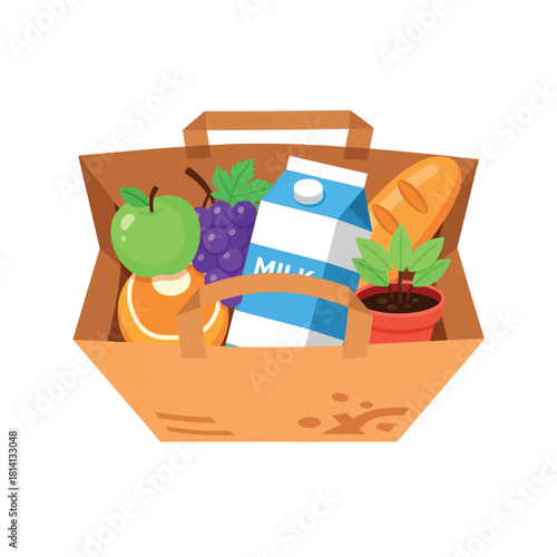 A brown paper bag filled with various groceries, including fruits, bread, and milk.