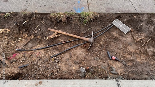 a pick axe left in a trench with other debris 