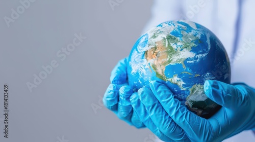 Global health awareness on international day of epidemic preparedness. Horizontal banner. Copy space. Globe in hands in medical gloves on a grey background