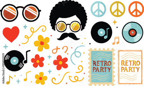 Retro Party Flyer & Poster Template: Vintage 70s Disco Stamp Design with Peace Sign, DJ, and Funky Groovy Style