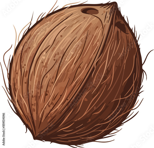 Detailed illustration of a brown coconut with a fibrous exterior and visible lines on a plain white background.