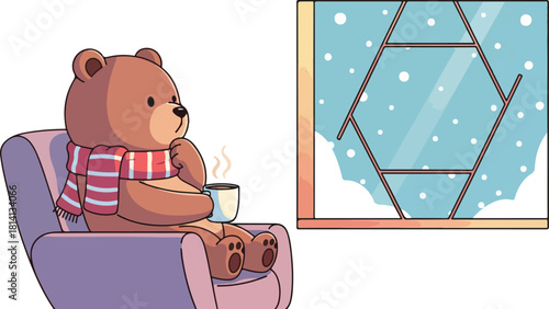 A serene bear enjoys a warm beverage while sitting in a cozy chair by a snowy window at night.