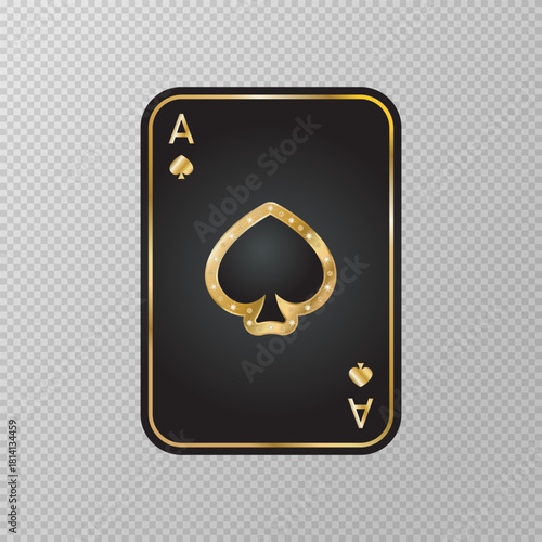 Golden playing card isolated on transparent background. Ace of  spades. Black gaming card with golden elements and diamonds. Gambling games symbol. Poker image. Gaming cards. Vector illustration. 