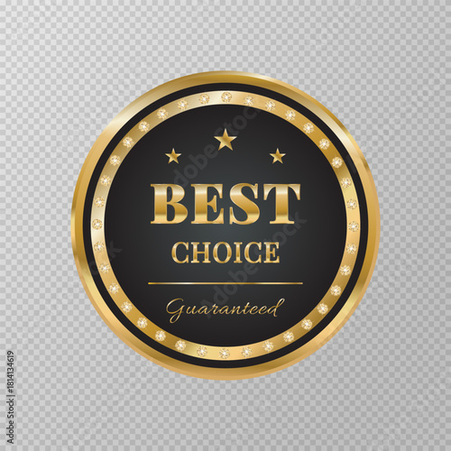 Premium quality golden sign with diamonds  isolated on transparent background. Trophy for challenge. Award medal. Golden label. Design element for advertising.Premium quality.Vector illustration