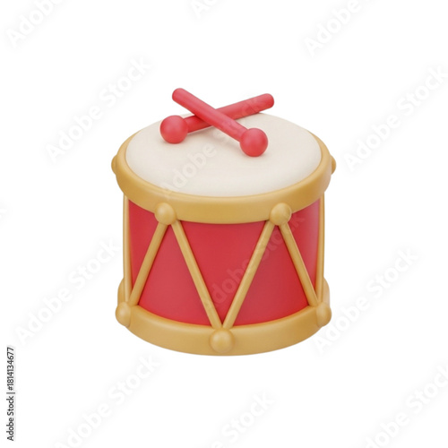 A charming 3D illustration of a classic toy drum with red and gold details, complete with drumsticks, isolated on a white background for musical or festive design concepts