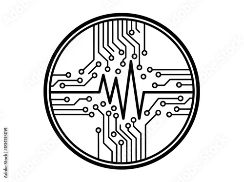 A circular icon featuring a circuit board pattern with blue connection points and a central heartbeat wave on a white background.