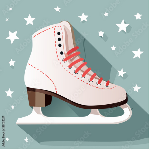 Un joli patin à glace en cuir blanc, vue de profil, illustration, hiver, flocons de neige