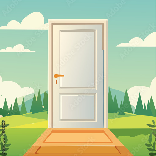 Illustration poétique représentant une porte en bois fermée donnant accès  à une nature verdoyante, émotion, poésie, surréalisme, 