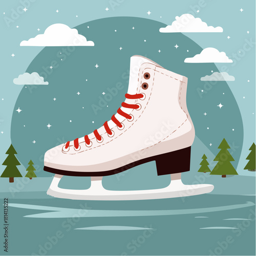 Un joli patin à glace en cuir blanc, vue de profil, illustration, hiver, flocons de neige