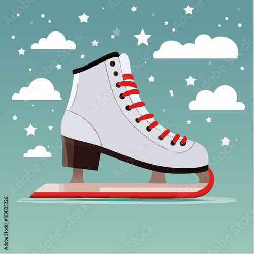 Un joli patin à glace en cuir blanc, vue de profil, illustration, hiver, flocons de neige