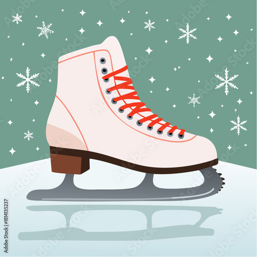 Un joli patin à glace en cuir blanc, vue de profil, illustration, hiver, flocons de neige