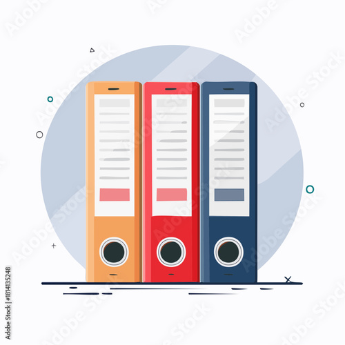 Trois classeurs de rangement, de couleurs différentes, vue sur la tranche, vertical, documents, classement, archivage
